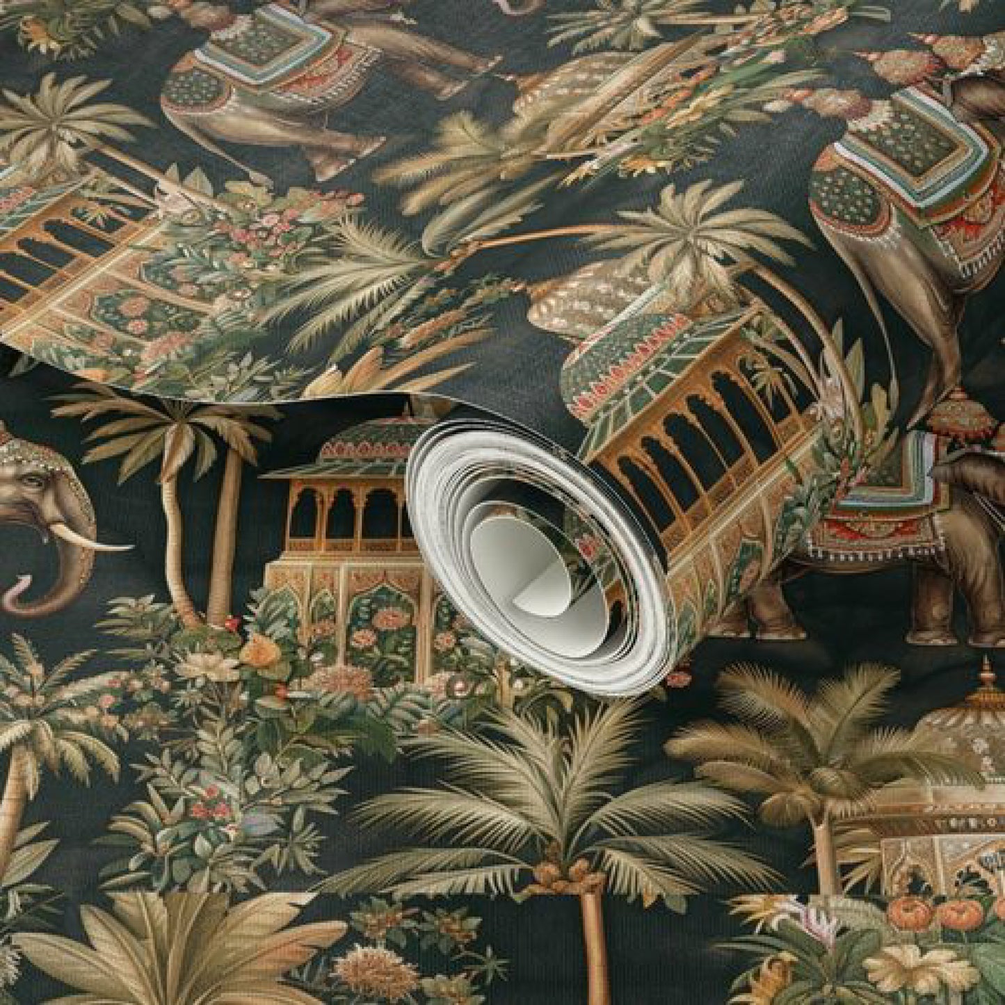 Majestic Elephant & Temple Jungle Wallpaper – Exotic Indian-Inspired Wall Decor