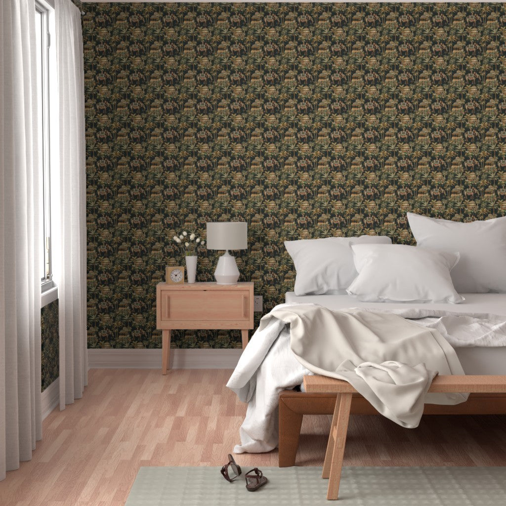Majestic Elephant & Temple Jungle Wallpaper – Exotic Indian-Inspired Wall Decor