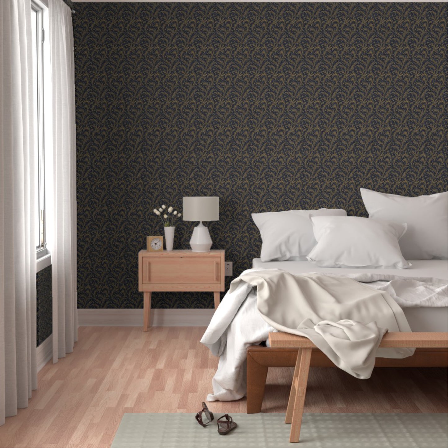 Luxury Gold & Navy Blue Baroque Wallpaper – Elegant Botanical Wall Mural