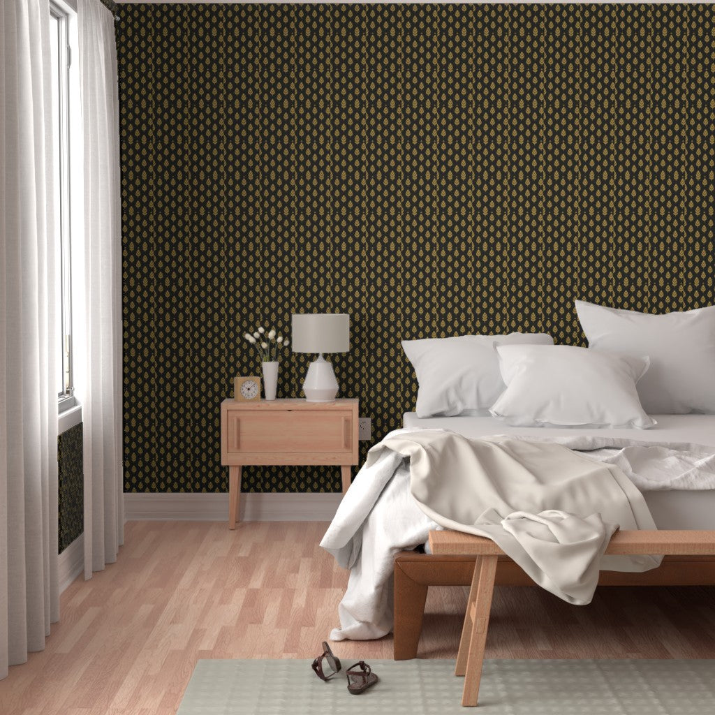 Golden Leaf Motif on Black – Elegant Botanical Pattern for Luxe Walls & Fabrics