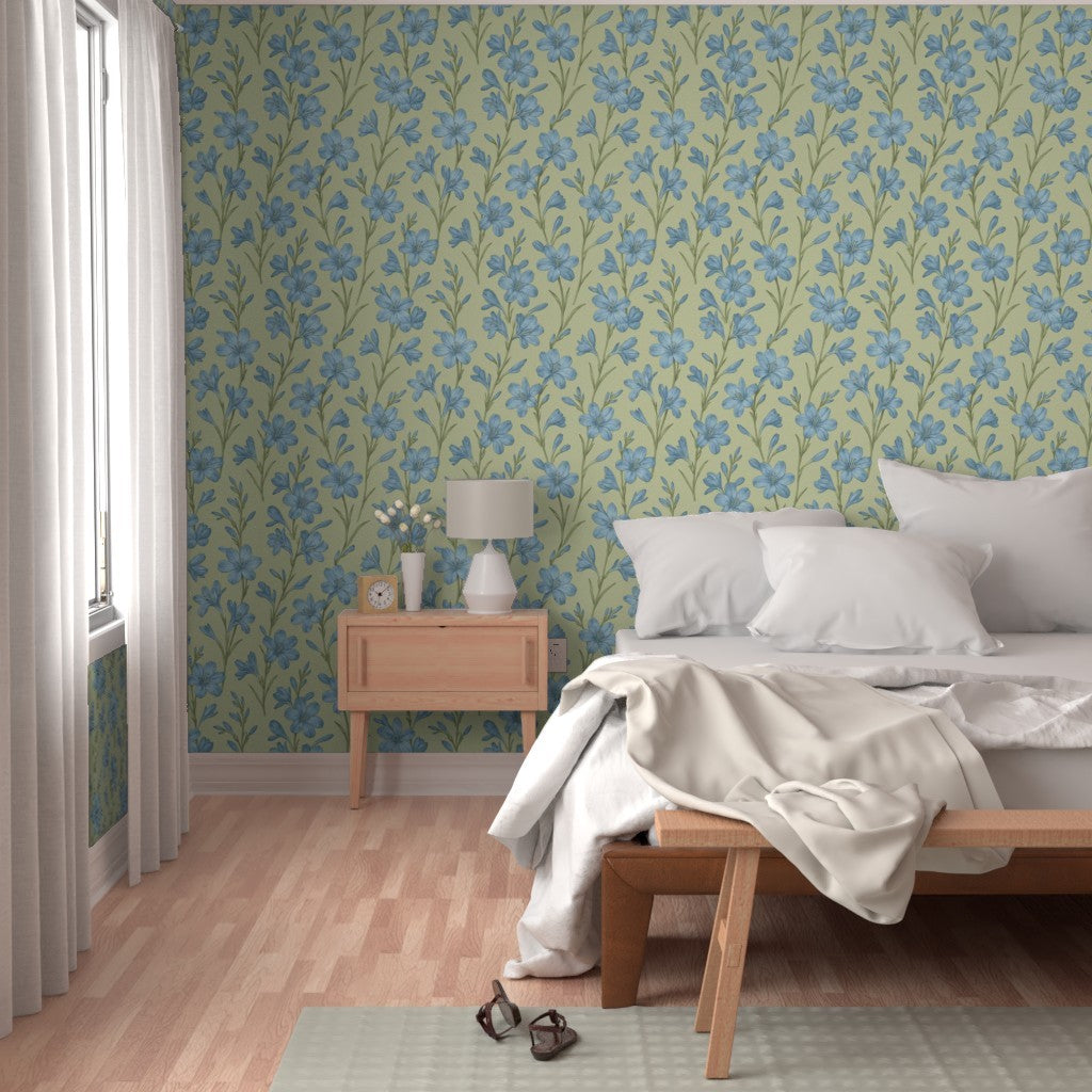 Blue Whisper Botanical Floral Wallpaper – Soft Vintage Cottage Style
