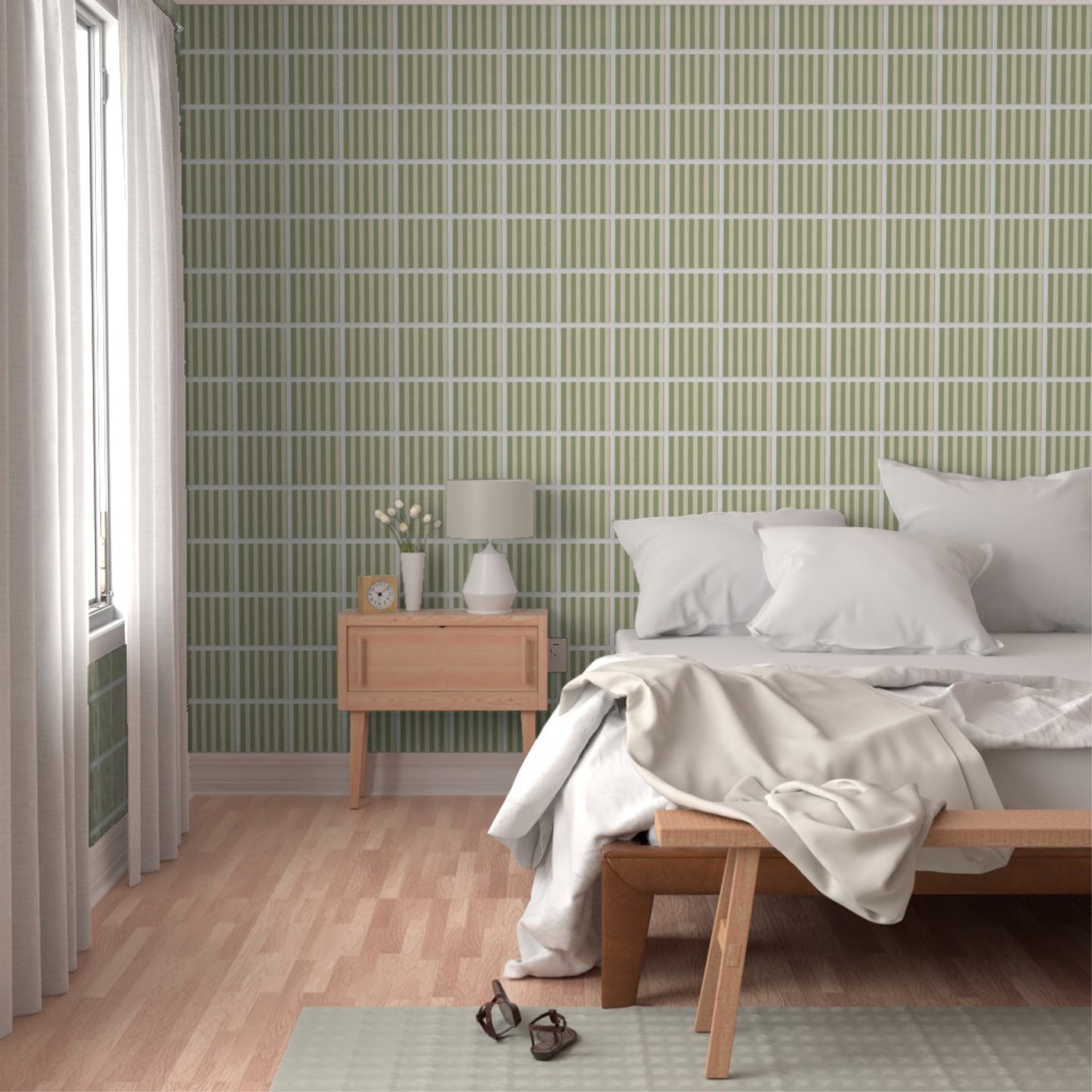 Olive Green Vertical Stripe Wallpaper – Modern Scandinavian Minimalist Style