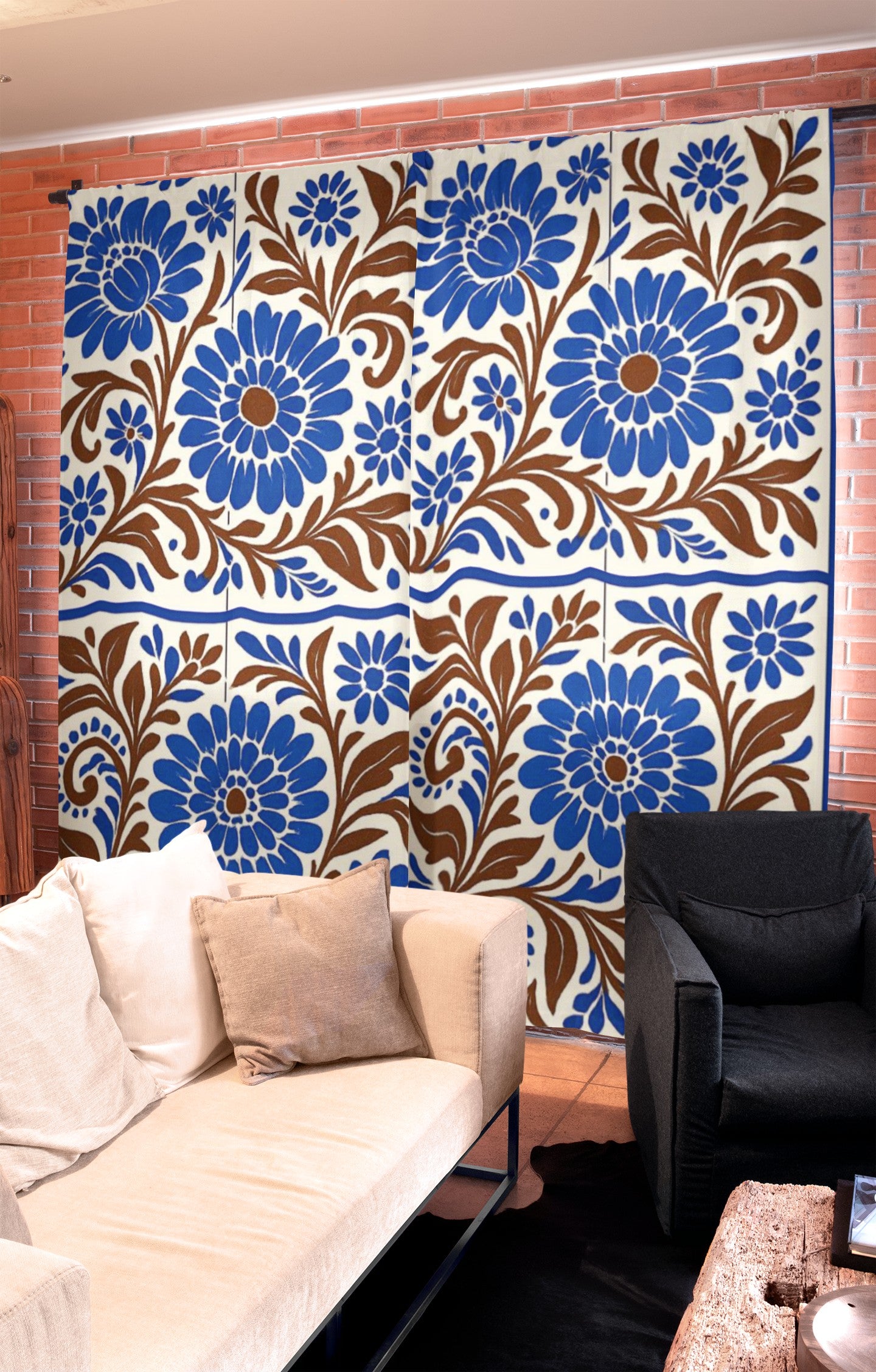 Curtain in Bohemian Tile In Blue & Brown-01