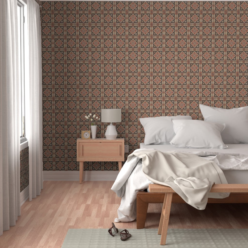 Persian Mosaic Medallion – Traditional Red Black & Cream Tile Pattern for Fabric & Wallpaper