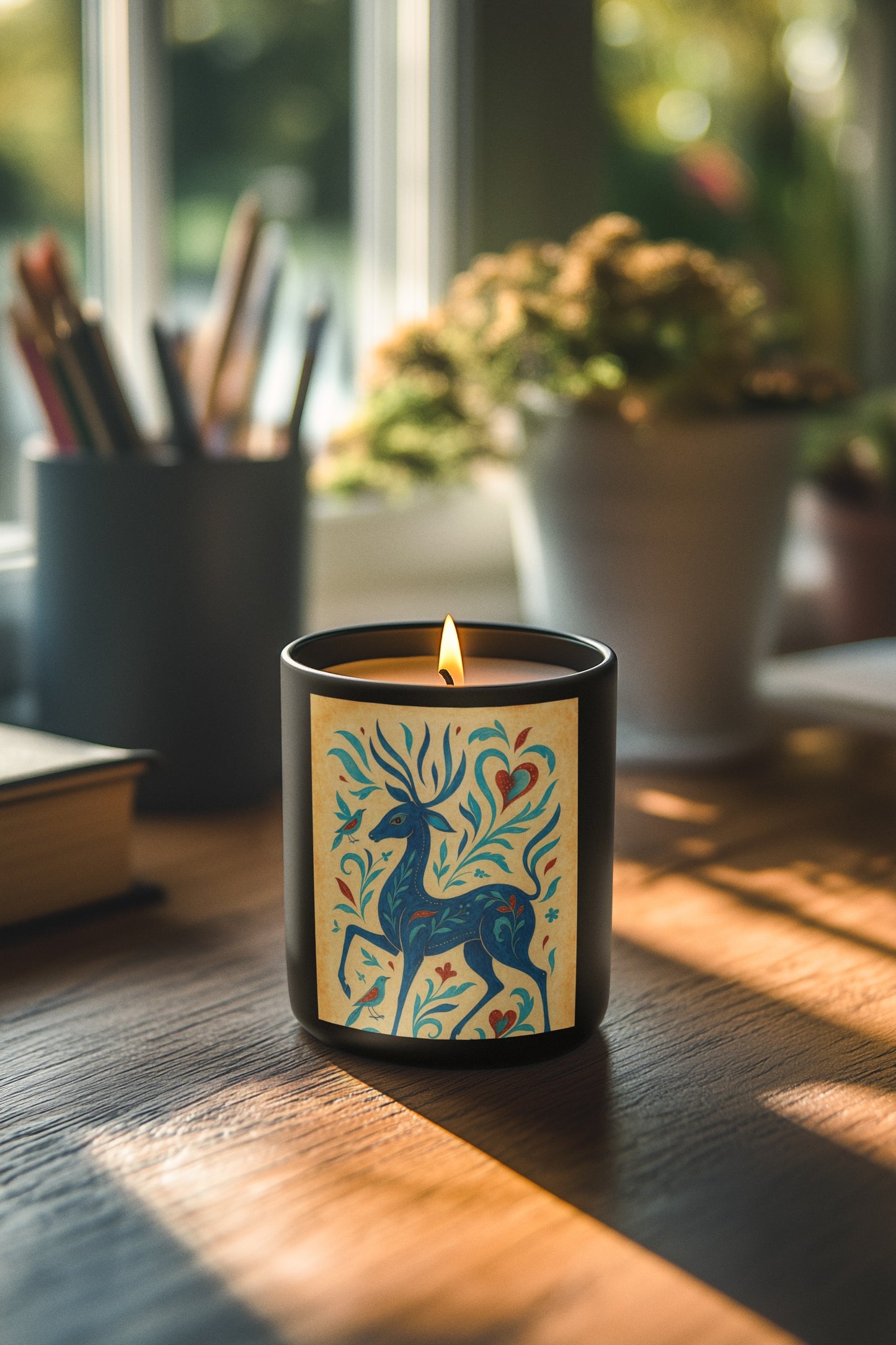 Blue Floral Deer Glass Candle - 11oz, Home Decor, Reusable Candle, Aromatherapy Gift, Eco-Friendly Decor