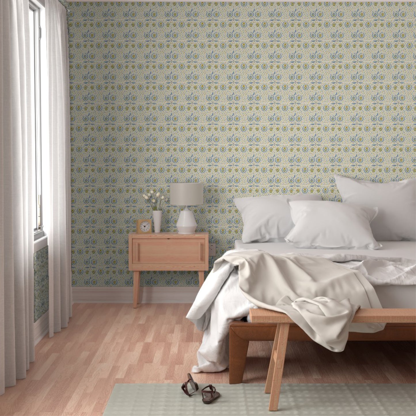 Golden & Blue Floral Spring Wreath Pattern – Elegant Botanical Wall & Fabric Design