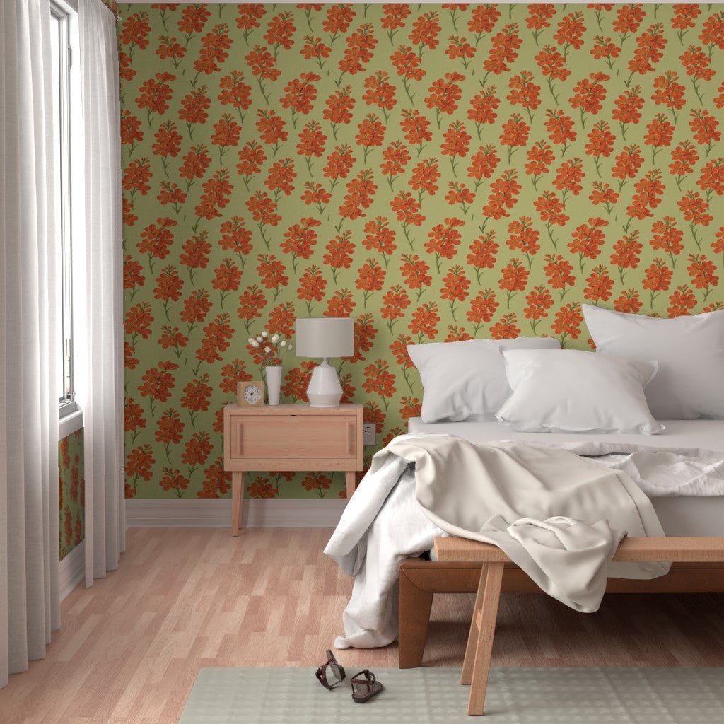 Golden Marigold Floral Pattern – Warm Vintage 70s Style Wallpaper & Fabric