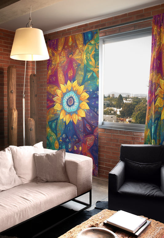Vibrant Mandala Window Curtains – Colorful Home Decor, Bohemian Drapes, Living Room Accessories, Unique Festival Decor, Sunflower Design