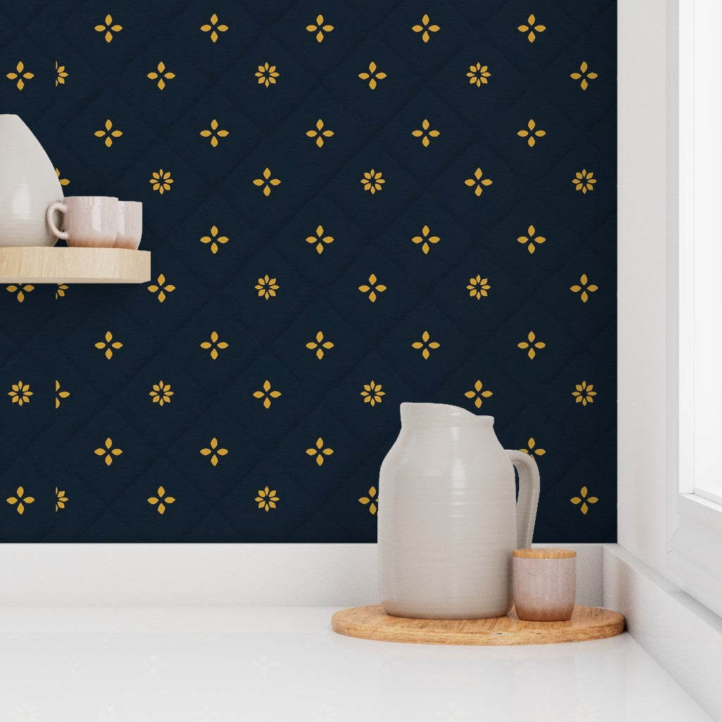 Navy Velvet Diamond Pattern with Gold Accents – Regal Fabric Look