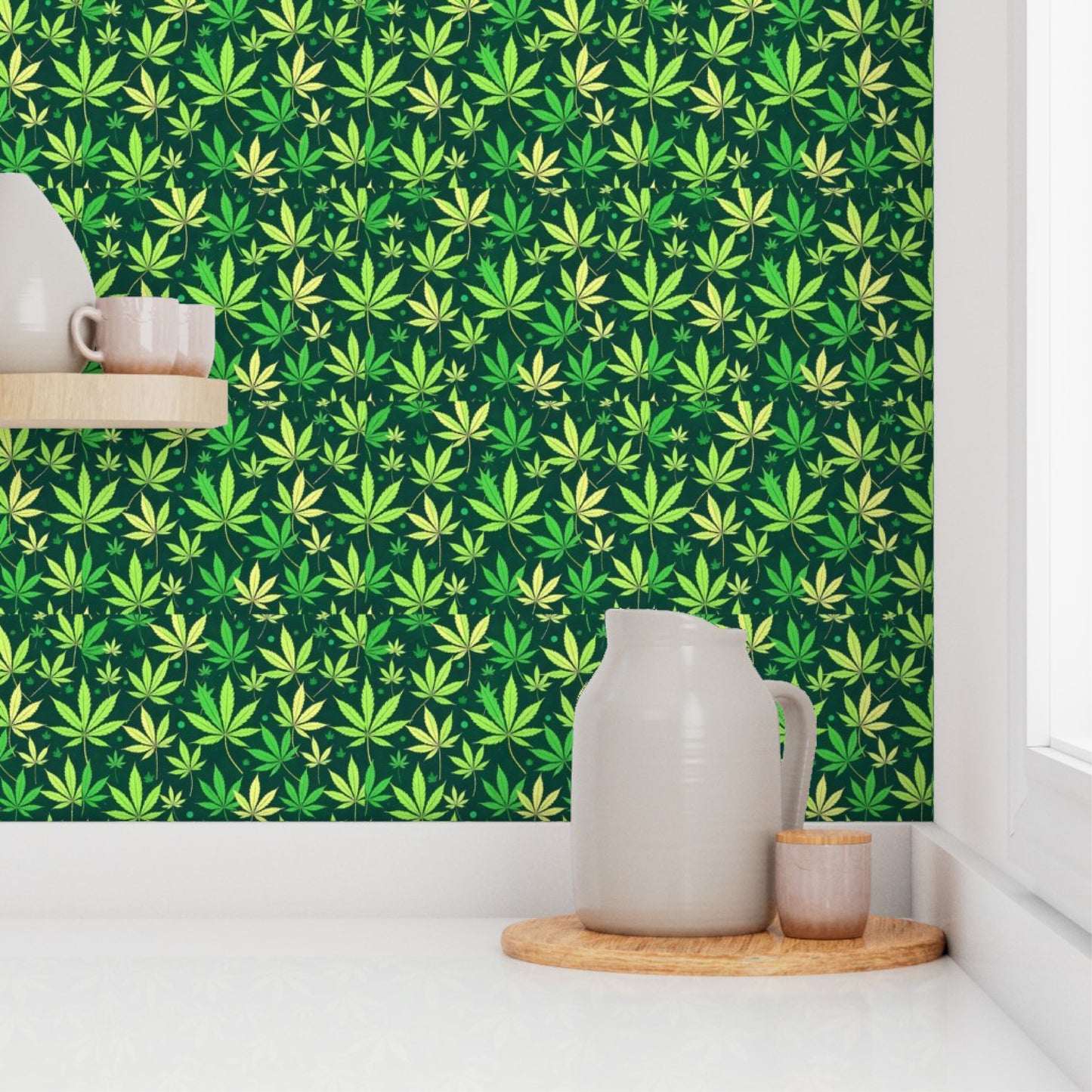 Bold Green Leaf Pattern Wallpaper – Botanical Cannabis-Inspired Design