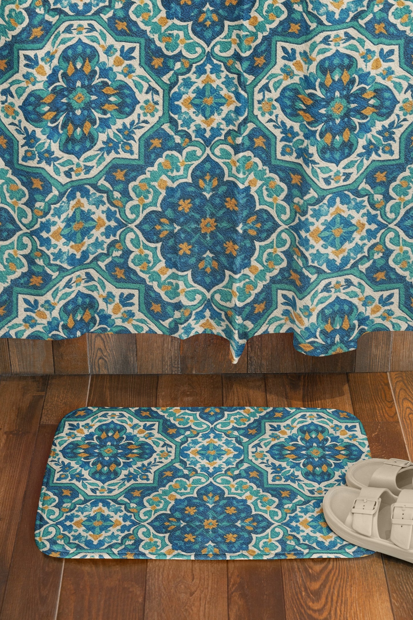 Curtain in Elegant Persian Geometric Tile Teal & Ivory Harmony