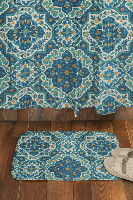 Curtain in Elegant Persian Geometric Tile Teal & Ivory Harmony
