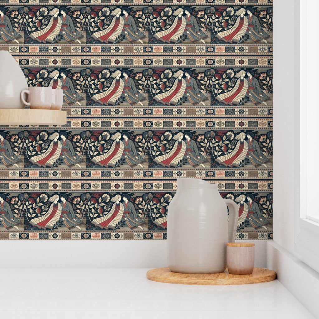 Lovers in Persian Garden – Romantic Traditional Iranian Scene Fabric & Wallpaper