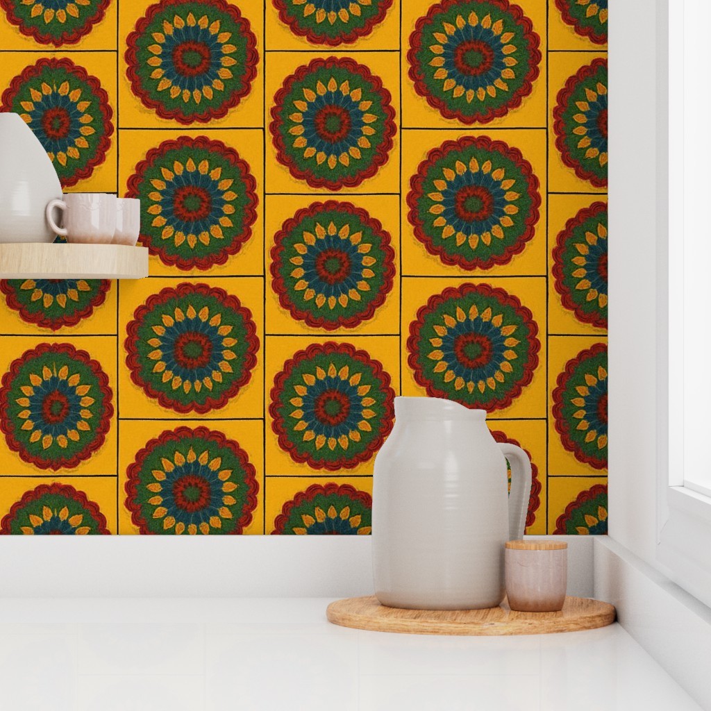 Colorful Crochet Mandala Pattern – Retro Yarn-Inspired Fabric Design