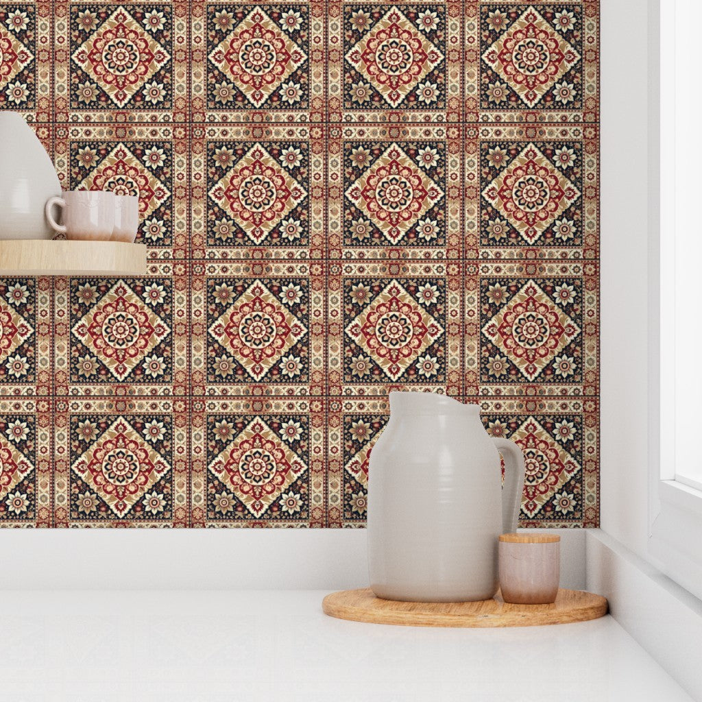 Persian Mosaic Medallion – Traditional Red Black & Cream Tile Pattern for Fabric & Wallpaper