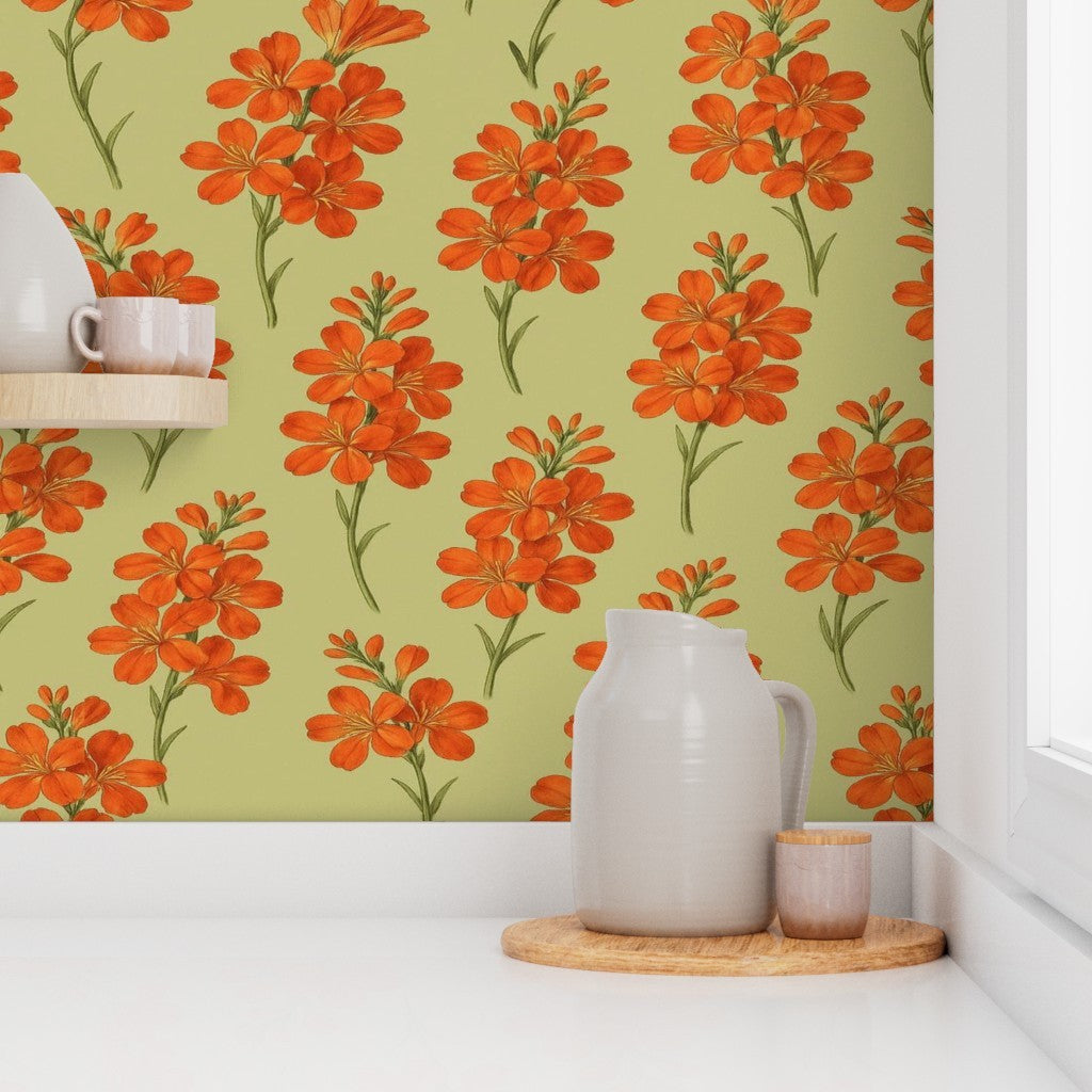 Golden Marigold Floral Pattern – Warm Vintage 70s Style Wallpaper & Fabric
