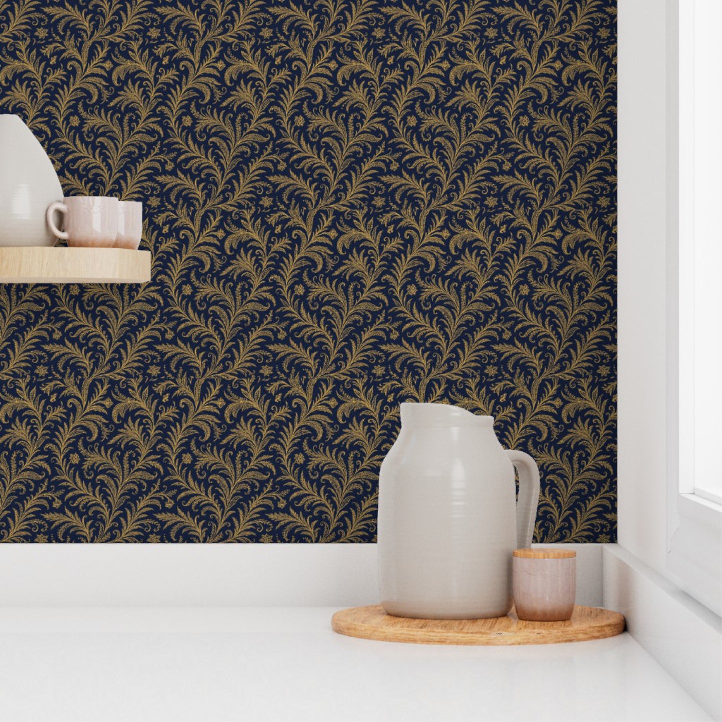Luxury Gold & Navy Blue Baroque Wallpaper – Elegant Botanical Wall Mural