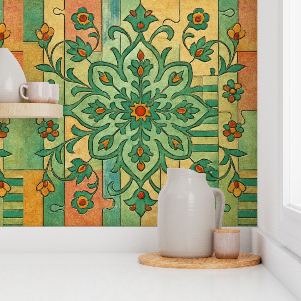 Vintage Geometric Floral Tile Pattern – Moroccan Puzzle-Inspired Fabric