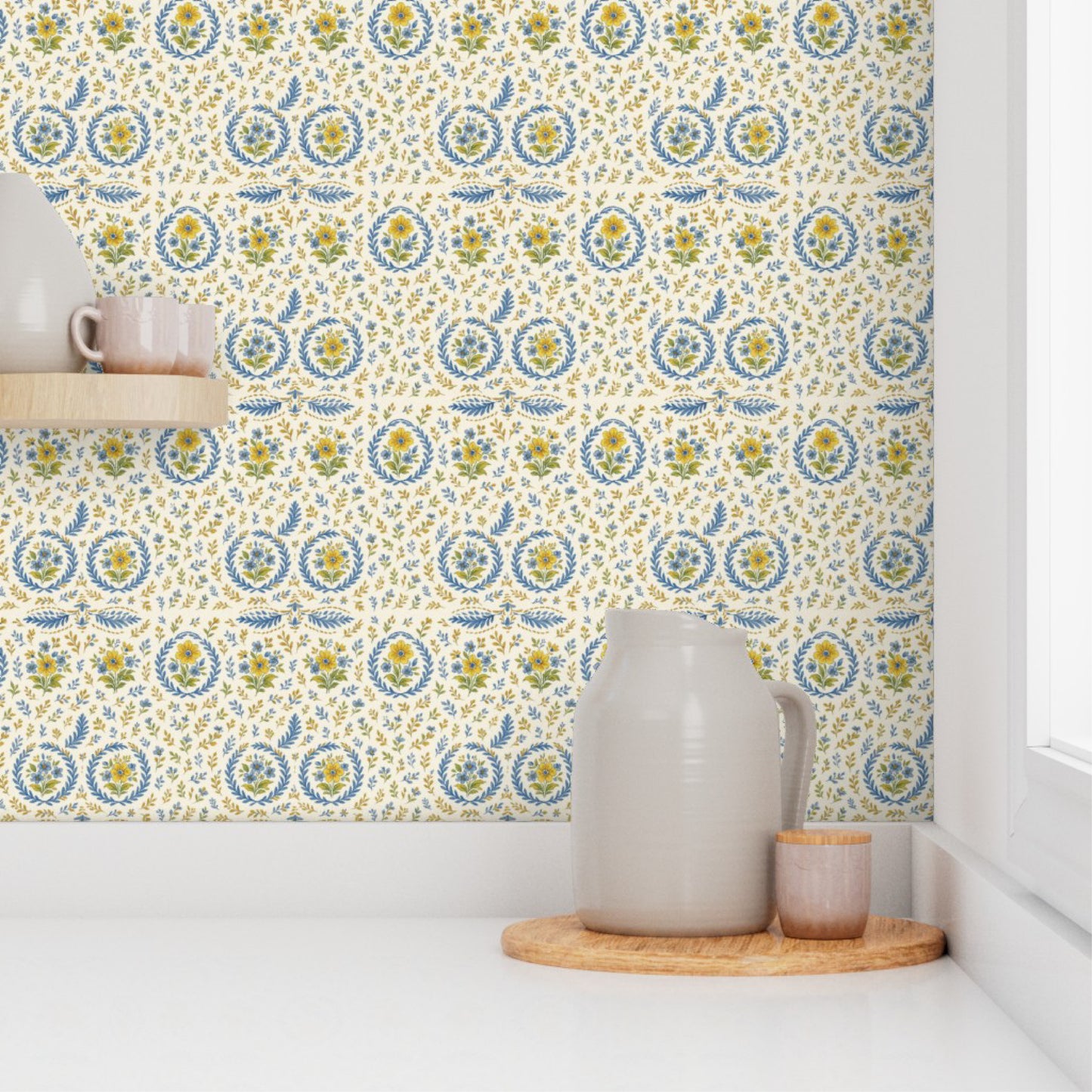 Golden & Blue Floral Spring Wreath Pattern – Elegant Botanical Wall & Fabric Design