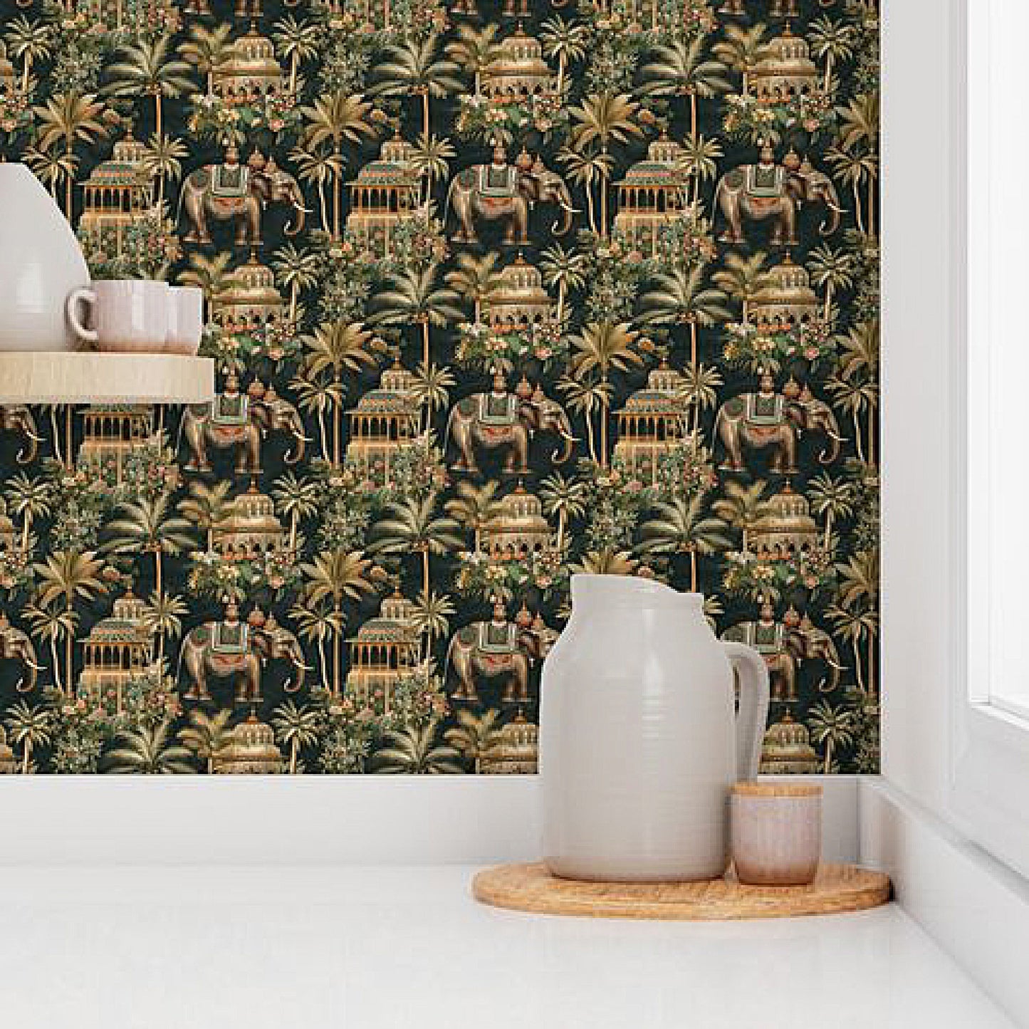 Majestic Elephant & Temple Jungle Wallpaper – Exotic Indian-Inspired Wall Decor