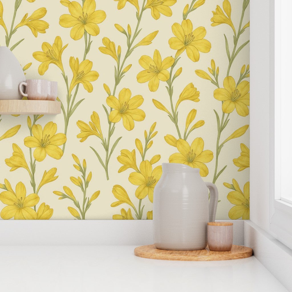 Sunny Bloom Yellow Floral Wallpaper – Warm Vintage Botanical Design