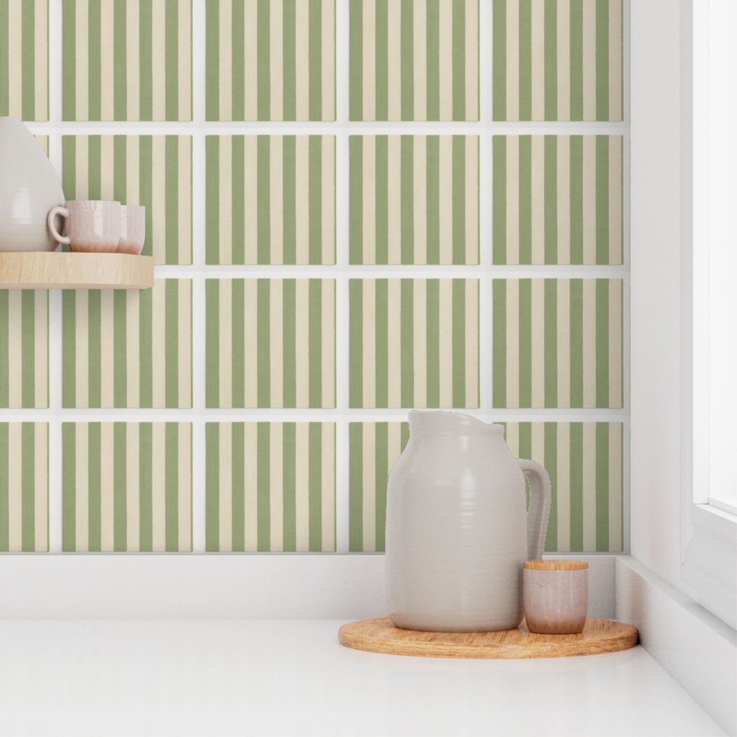 Olive Green Vertical Stripe Wallpaper – Modern Scandinavian Minimalist Style