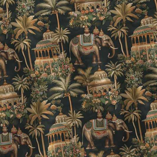 Fabric in Majestic Elephants & Temples Exotic Jungle Heritage Pattern
