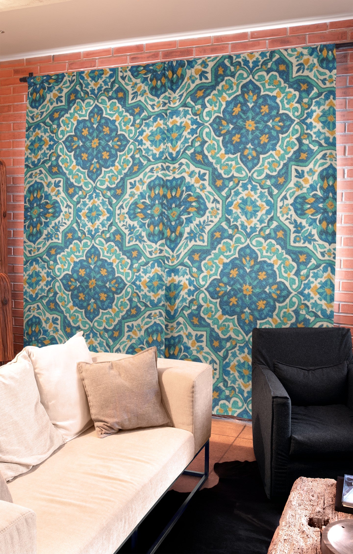 Curtain in Elegant Persian Geometric Tile Teal & Ivory Harmony