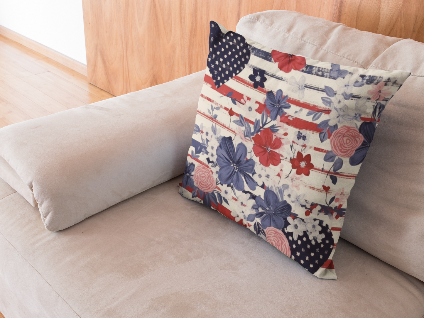 Patriotic Floral Throw Pillow - Home Decor, Couch Cushion, USA Decor, Independence Day Gift, Floral Accent Pillow