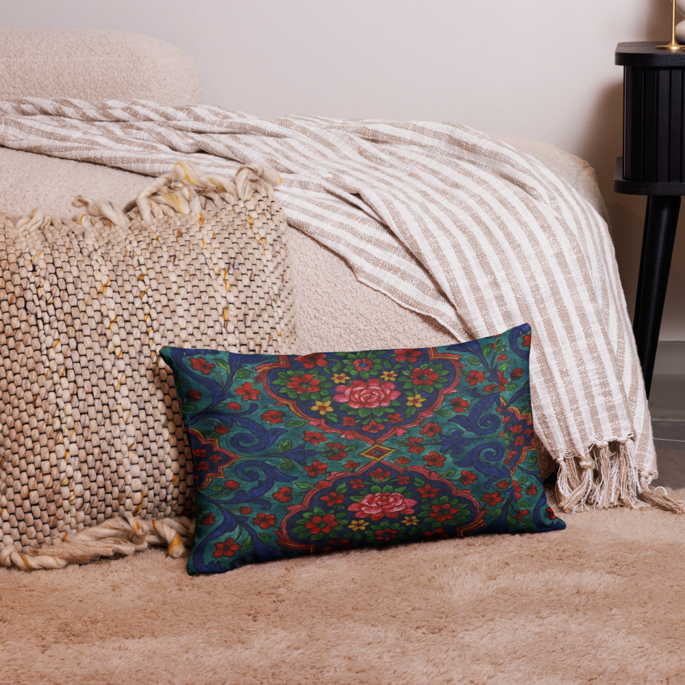 Elegant Boho Floral Throw Pillow – Blue & Red Pattern – Available in 3 Sizes”