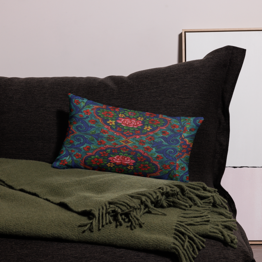 Elegant Boho Floral Throw Pillow – Blue & Red Pattern – Available in 3 Sizes”