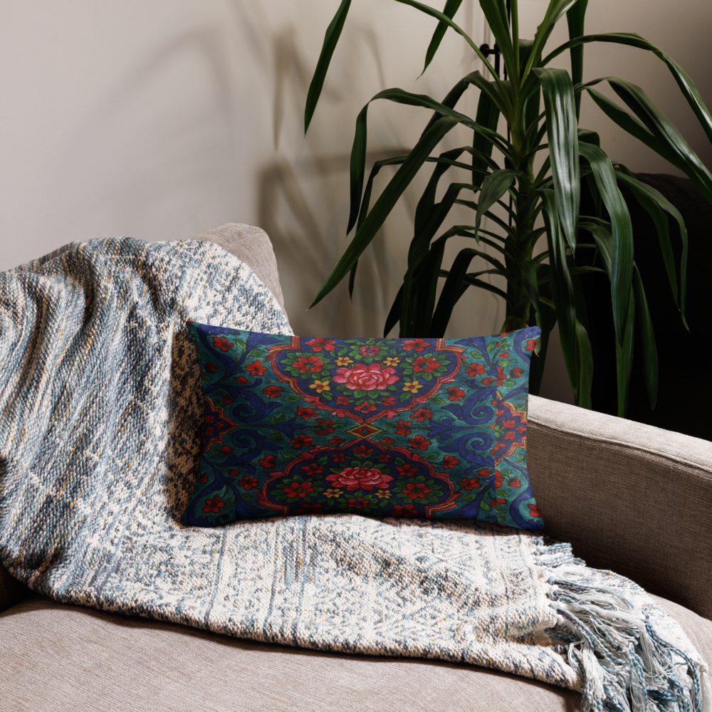 Elegant Boho Floral Throw Pillow – Blue & Red Pattern – Available in 3 Sizes”