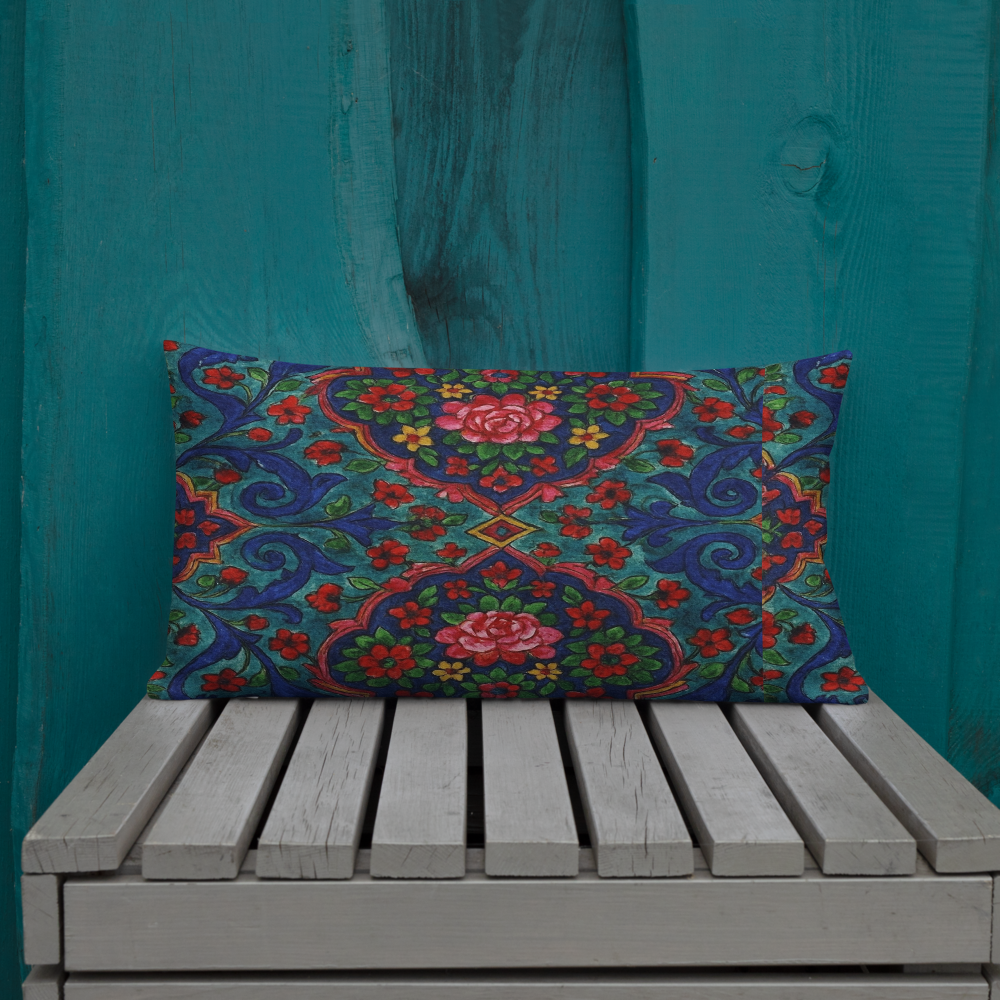 Elegant Boho Floral Throw Pillow – Blue & Red Pattern – Available in 3 Sizes”