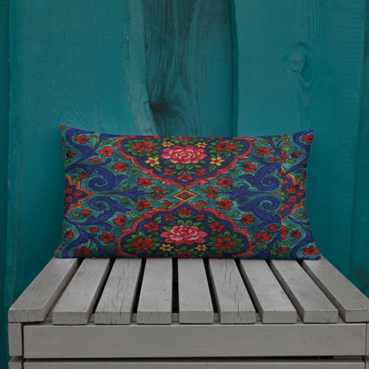 Elegant Boho Floral Throw Pillow – Blue & Red Pattern – Available in 3 Sizes”