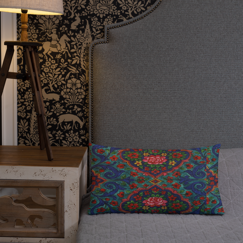 Elegant Boho Floral Throw Pillow – Blue & Red Pattern – Available in 3 Sizes”