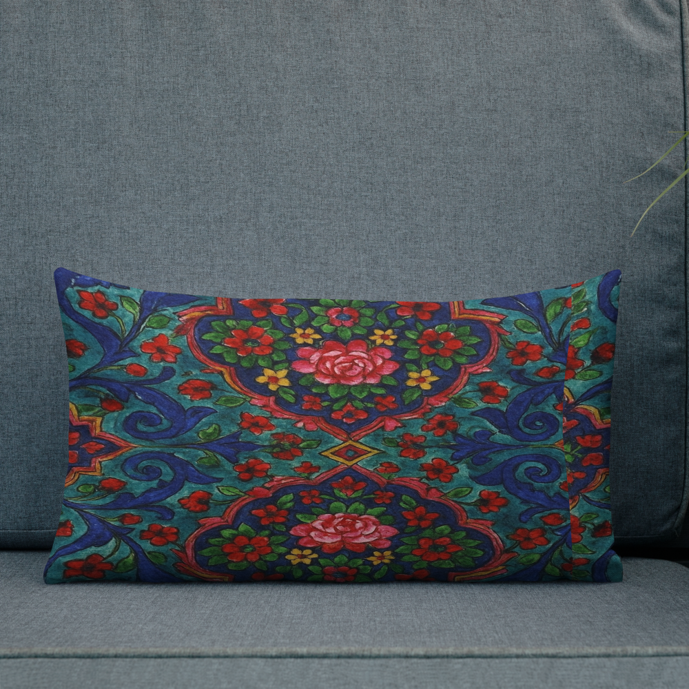 Elegant Boho Floral Throw Pillow – Blue & Red Pattern – Available in 3 Sizes”