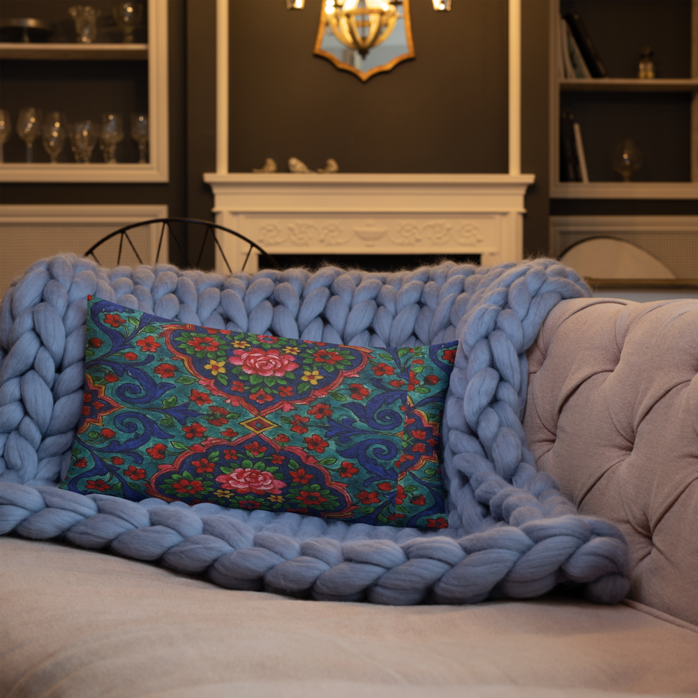 Elegant Boho Floral Throw Pillow – Blue & Red Pattern – Available in 3 Sizes”