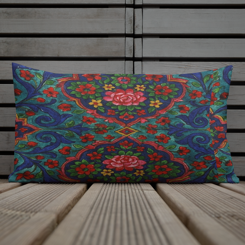 Elegant Boho Floral Throw Pillow – Blue & Red Pattern – Available in 3 Sizes”