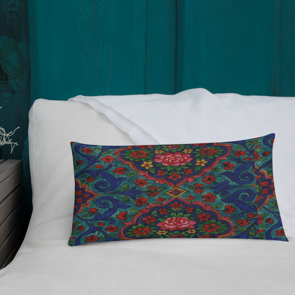 Elegant Boho Floral Throw Pillow – Blue & Red Pattern – Available in 3 Sizes”