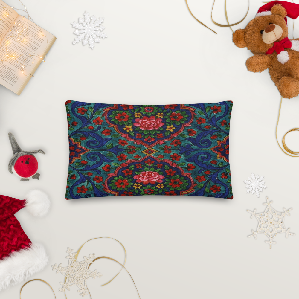 Elegant Boho Floral Throw Pillow – Blue & Red Pattern – Available in 3 Sizes”