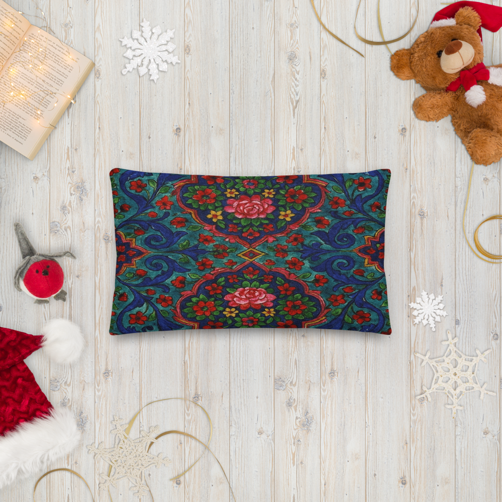 Elegant Boho Floral Throw Pillow – Blue & Red Pattern – Available in 3 Sizes”