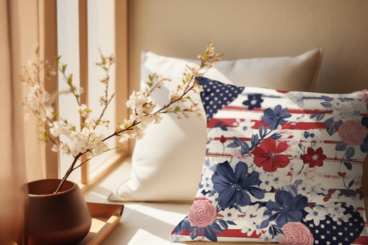 Patriotic Floral Throw Pillow - Home Decor, Couch Cushion, USA Decor, Independence Day Gift, Floral Accent Pillow