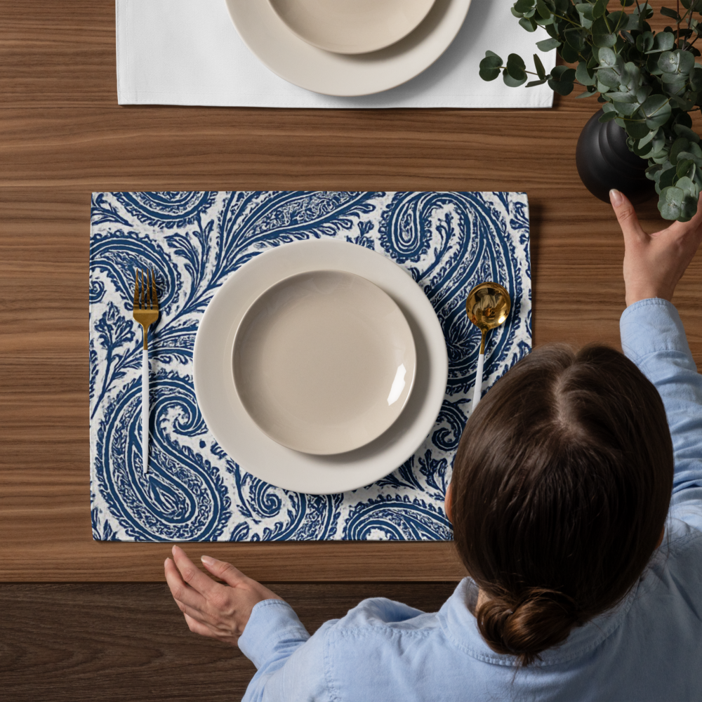 Blue Paisley Placemat Set of 4 – Elegant Table Decor for Dining or Kitchen | Art by Mina