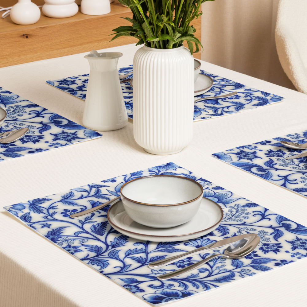Classic Blue Tile Floral Placemat – Elegant Persian Floral Table Decor