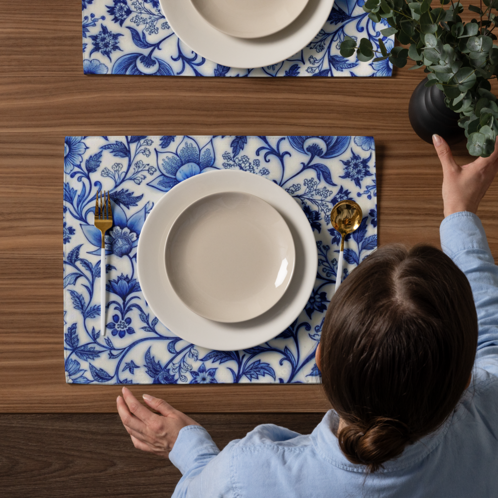 Classic Blue Tile Floral Placemat – Elegant Persian Floral Table Decor