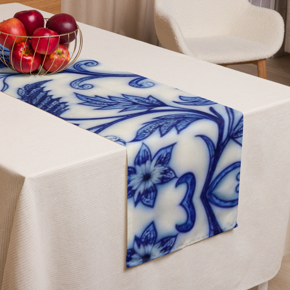 “Persian Blue Floral Table Runner – Elegant Classic Tile Pattern”