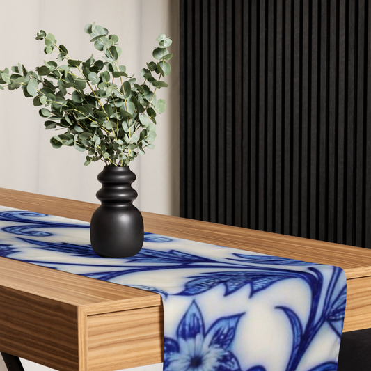 “Persian Blue Floral Table Runner – Elegant Classic Tile Pattern”
