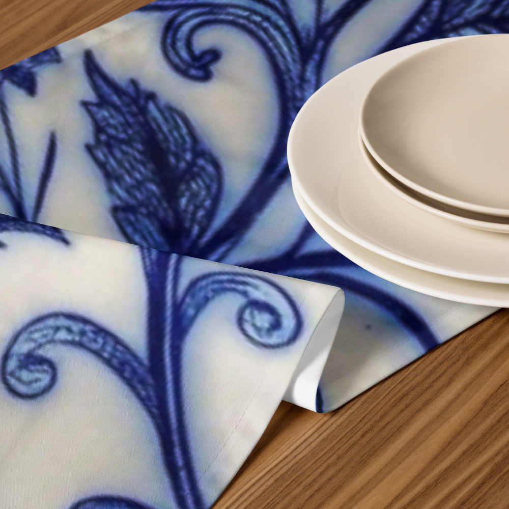 “Persian Blue Floral Table Runner – Elegant Classic Tile Pattern”