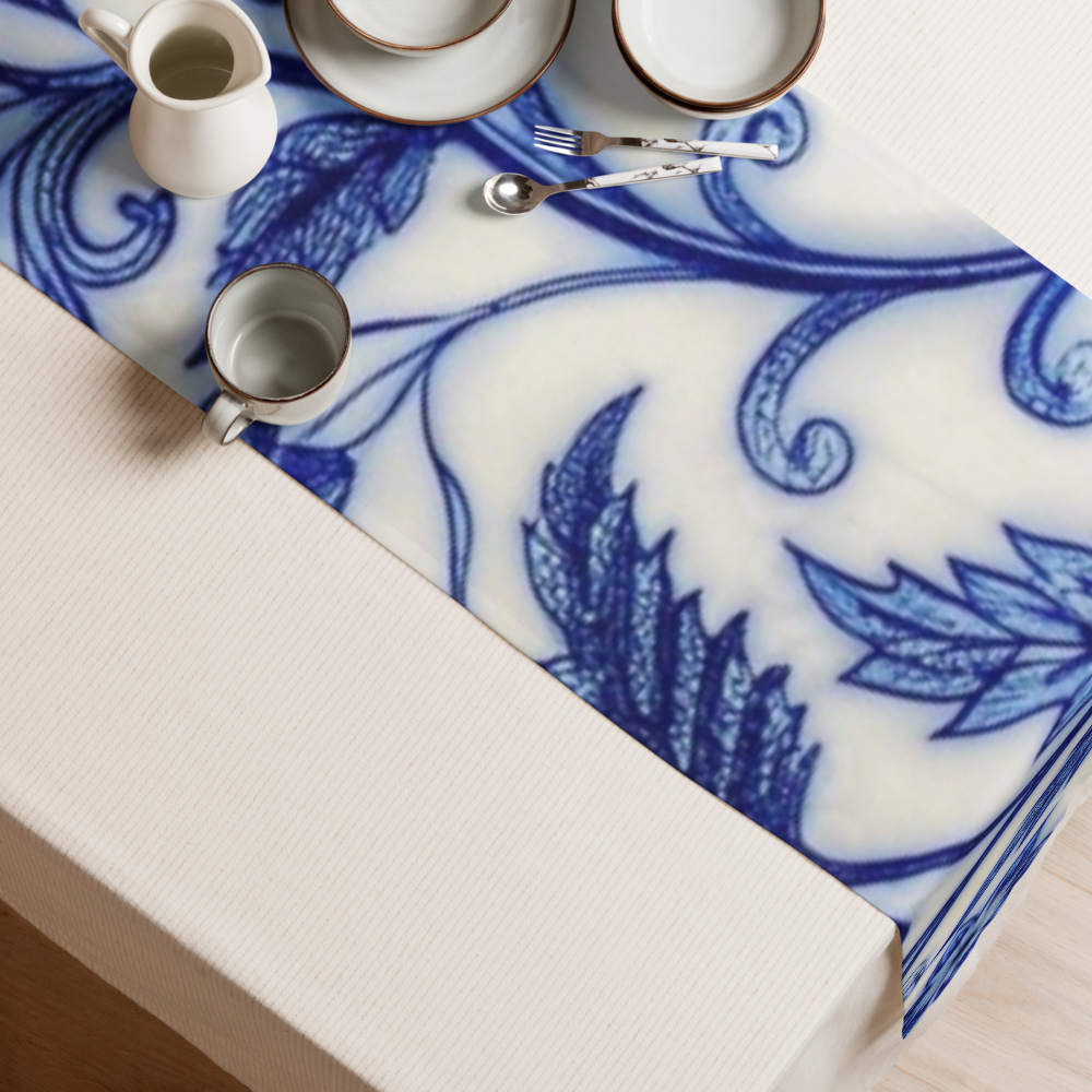 “Persian Blue Floral Table Runner – Elegant Classic Tile Pattern”