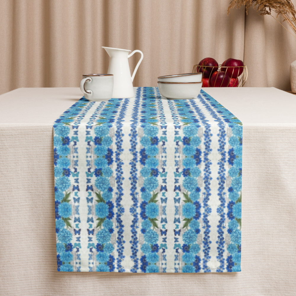Azure Bloom Table Runner – Mediterranean Elegance